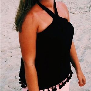 Black Tie Neck Top with Tassles